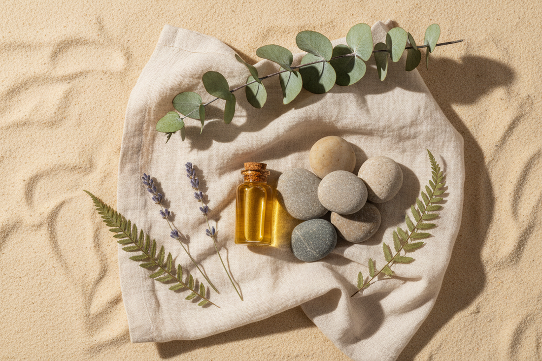 Calming self-care flat lay with smooth stones, a bottle of massage oil, eucalyptus leaves, and dried lavender on a soft linen cloth