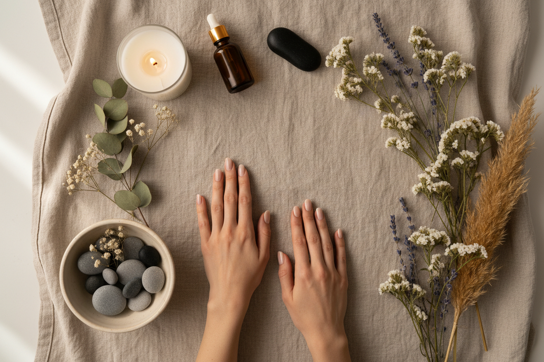 Hands resting calmly on a linen cloth surrounded by dried flowers, a candle, and grounding stones, representing a nervous system regulation self-care ritual