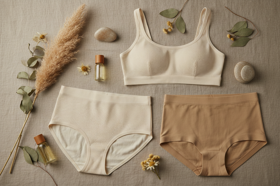 Organic cotton underwear and bras laid flat next to dried botanicals, illustrating natural fiber alternatives to synthetic, plastic-based fabrics