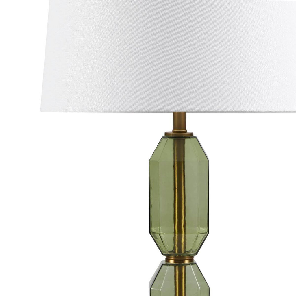 Faceted Green Glass Table Lamp with White Fabric Shade - Green