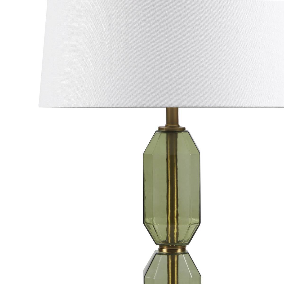 Faceted Green Glass Table Lamp with White Fabric Shade - Green