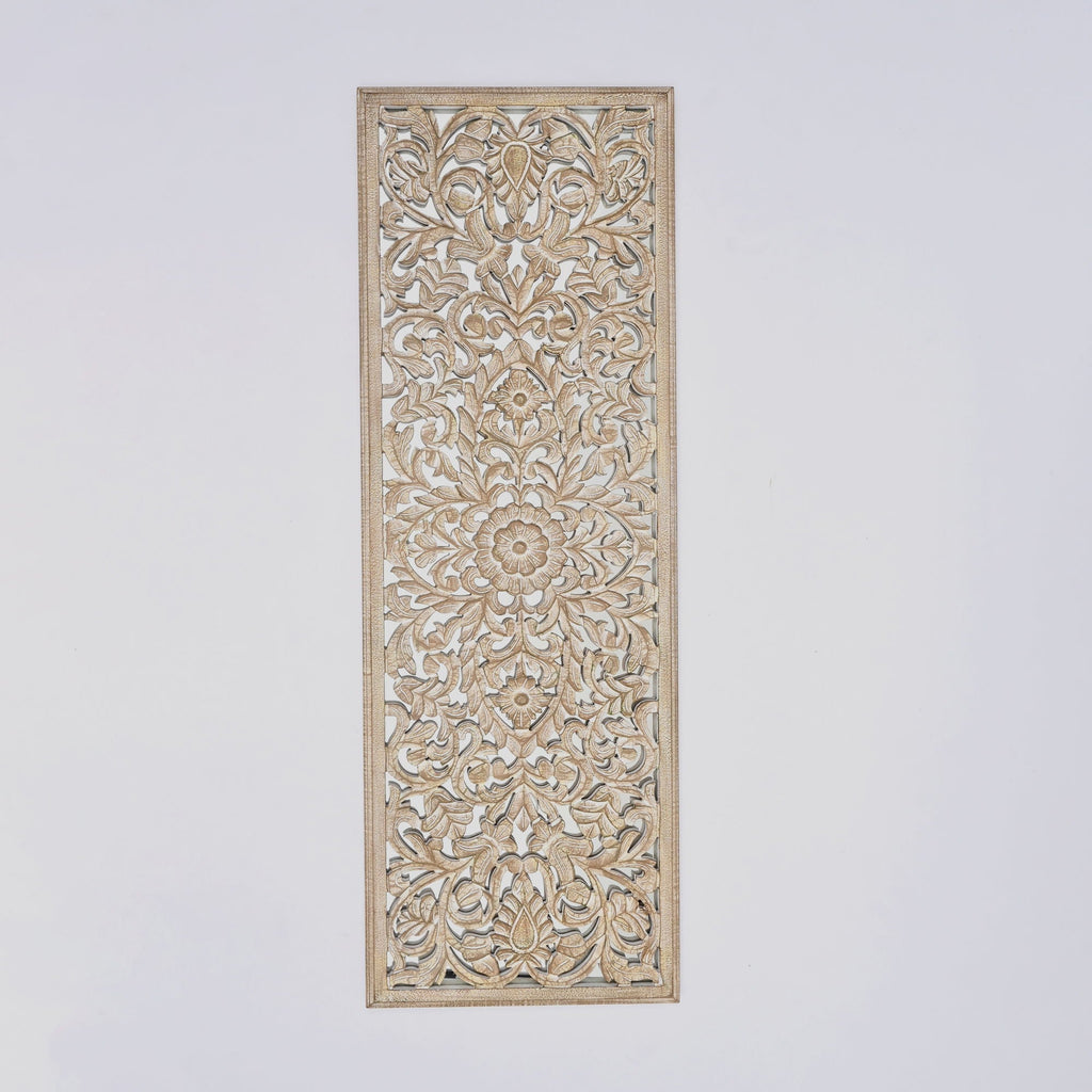 Hand-Carved Floral Mandala Wall Panel | Antique Brown & White