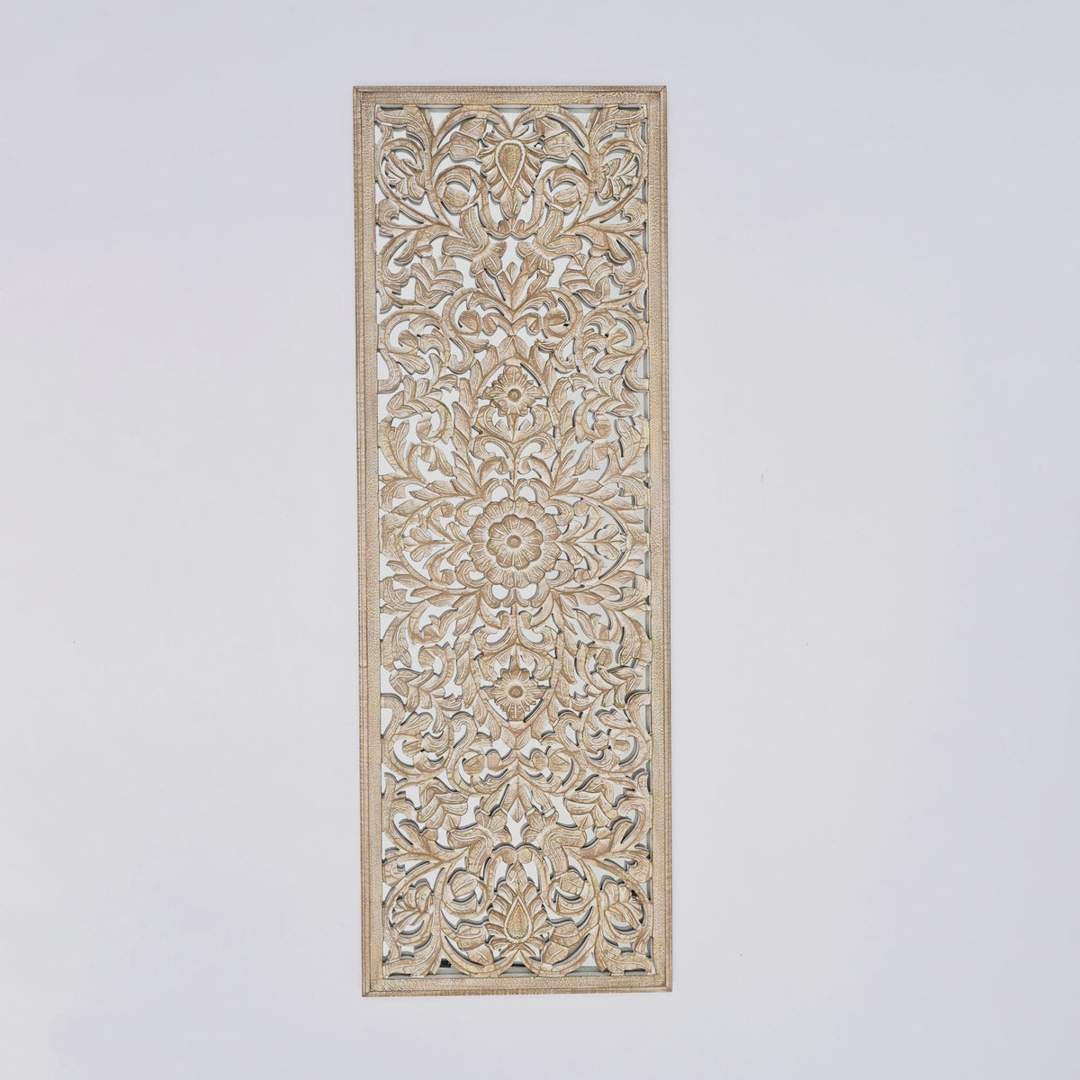 Hand-Carved Floral Mandala Wall Panel | Antique Brown & White