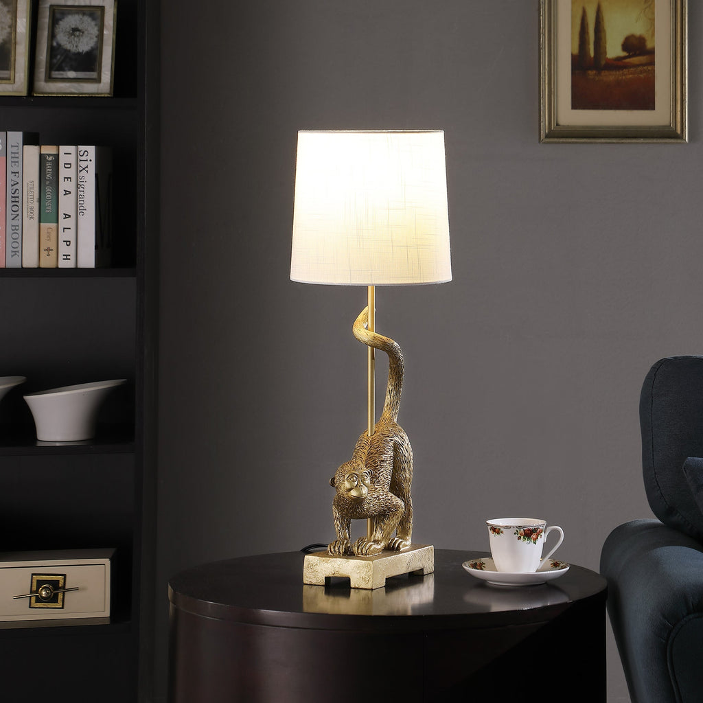 24-Inch Old World Gold Capuchin Monkey Table Lamp with Cotton/Linen Shade - Golden White