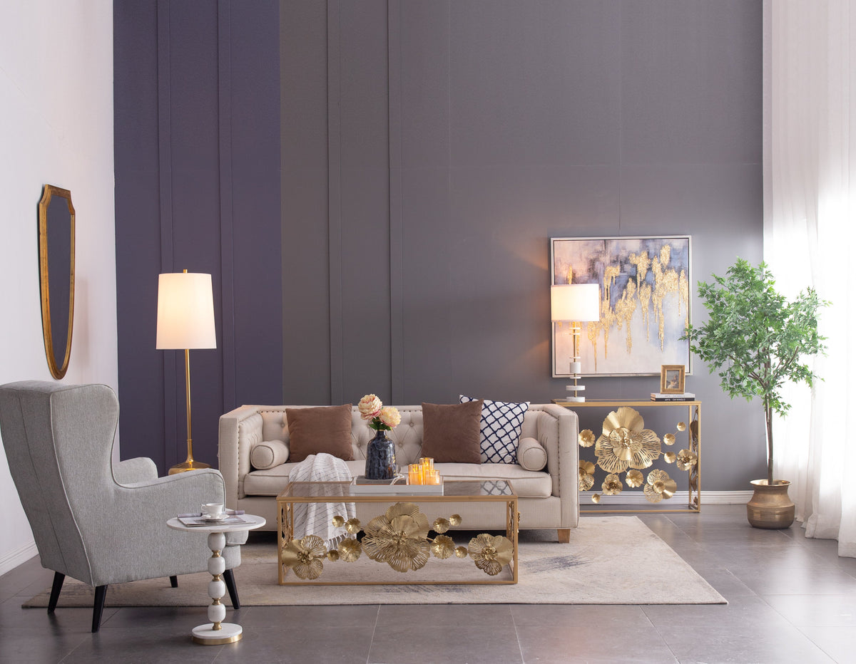 White Marble Table Lamp with Brass Frame and Drum Shade - White