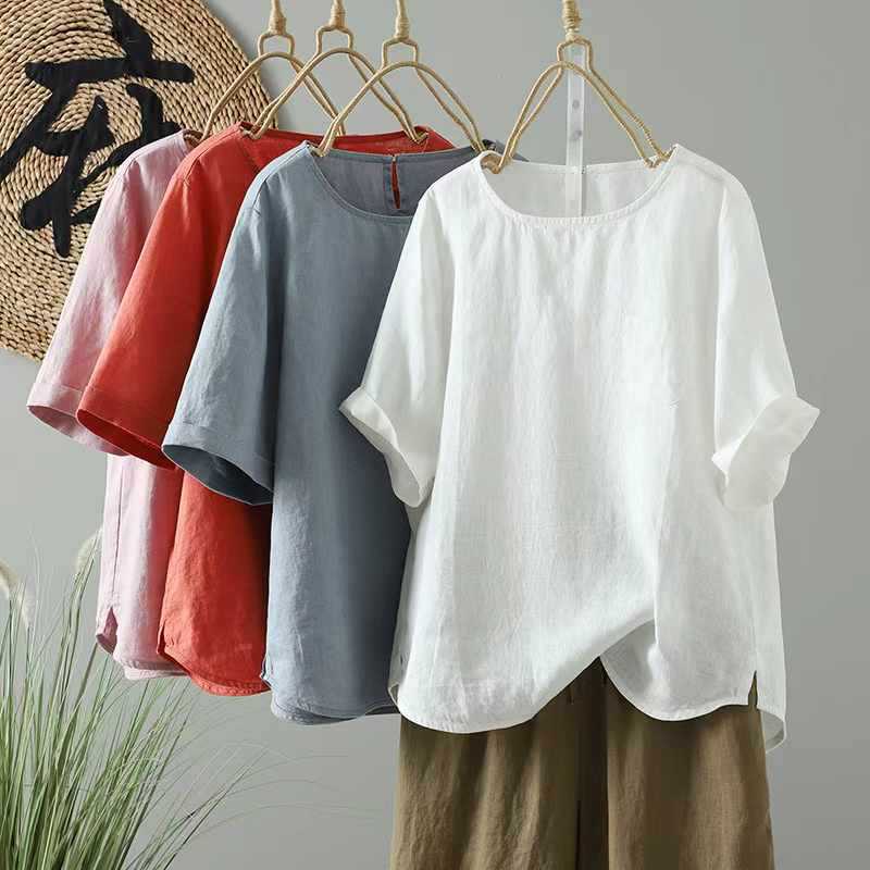 Natural Linen Loose T-Shirt — Breathable Blue