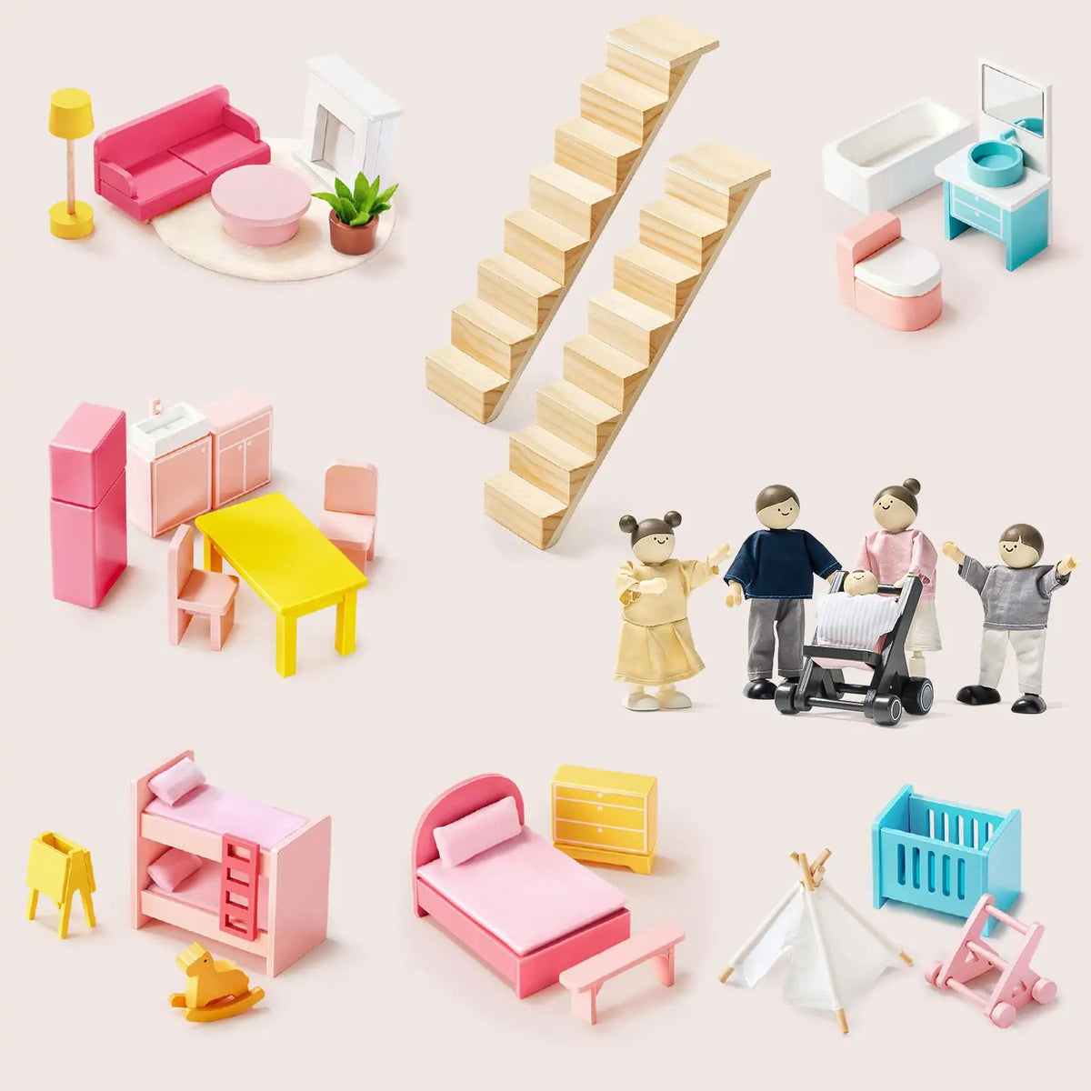 Tiny Land® Sweetwood Love Dollhouse & Wooden Family Set