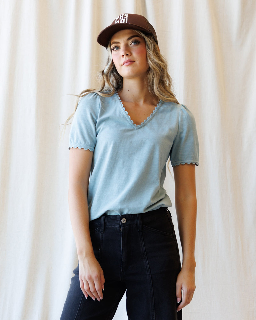 Scallop Trim V-Neck Tee | Dusty Blue