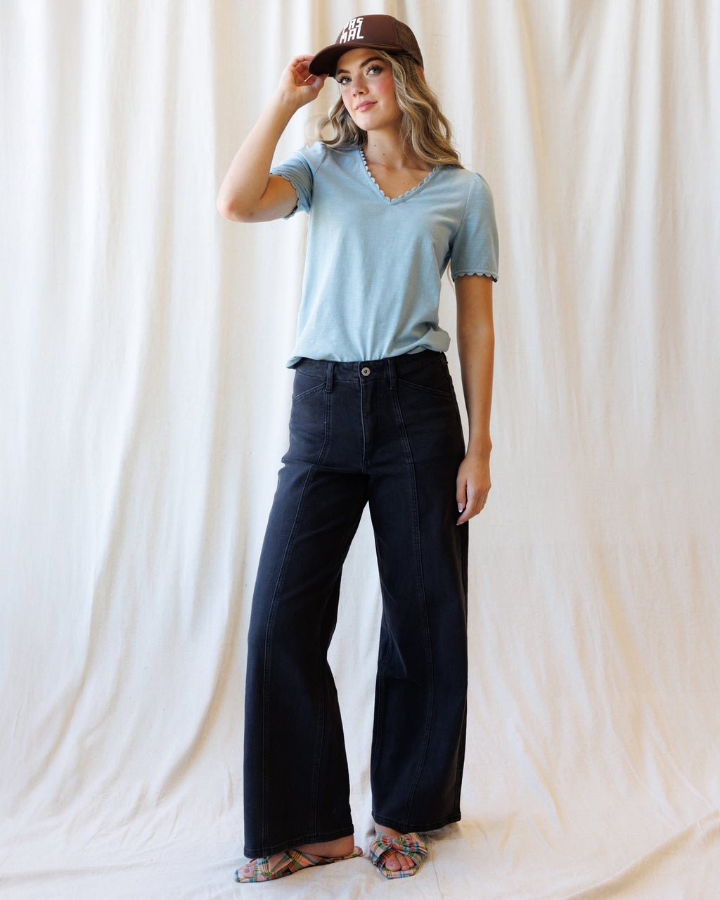 Scallop Trim V-Neck Tee | Dusty Blue