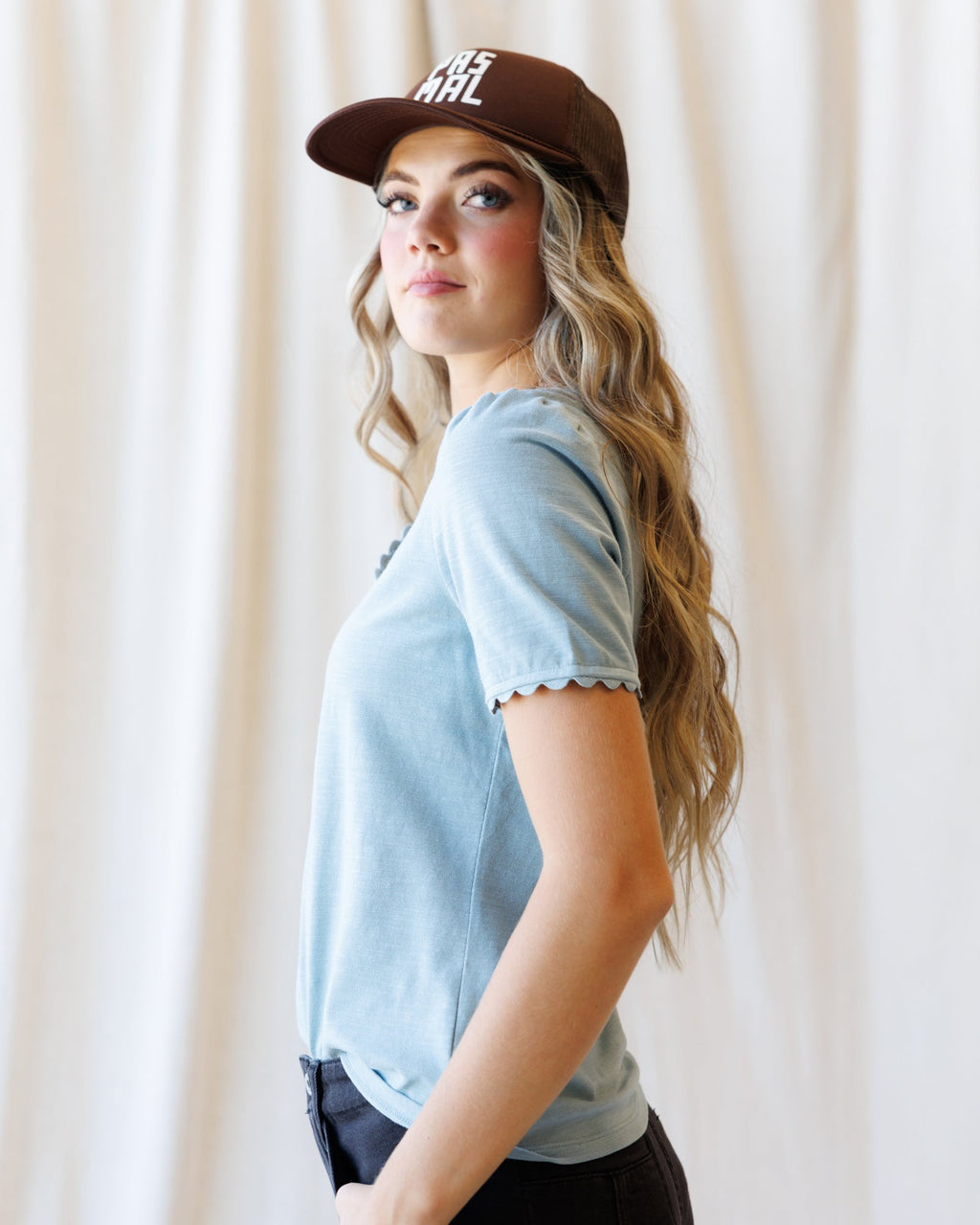 Scallop Trim V-Neck Tee | Dusty Blue