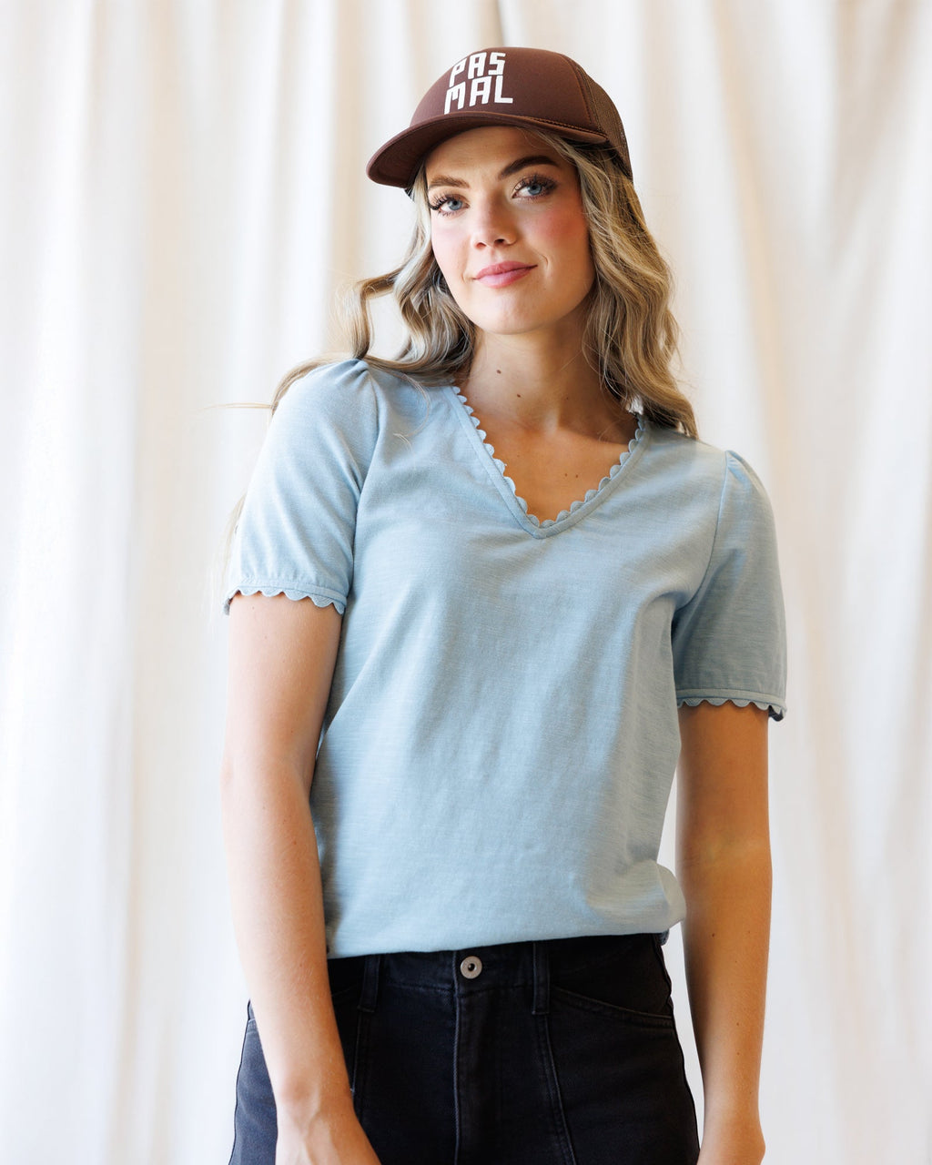 Scallop Trim V-Neck Tee | Dusty Blue
