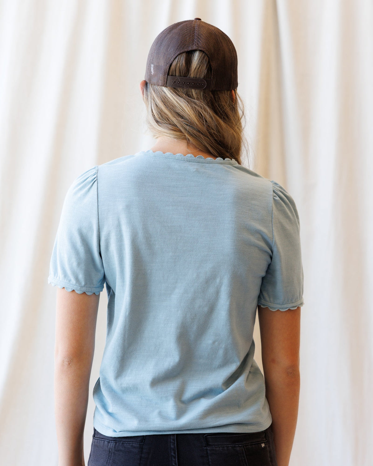 Scallop Trim V-Neck Tee | Dusty Blue