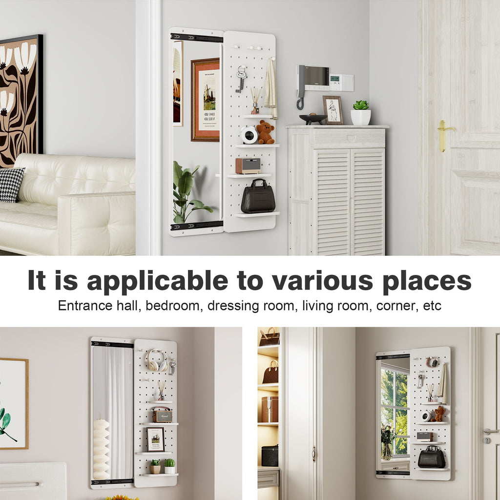 Wall-Mounted Wood Storage Mirror with Shelf & Hook