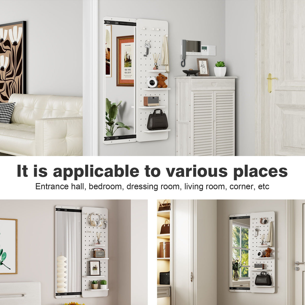 Wall-Mounted Wood Storage Mirror with Shelf & Hook