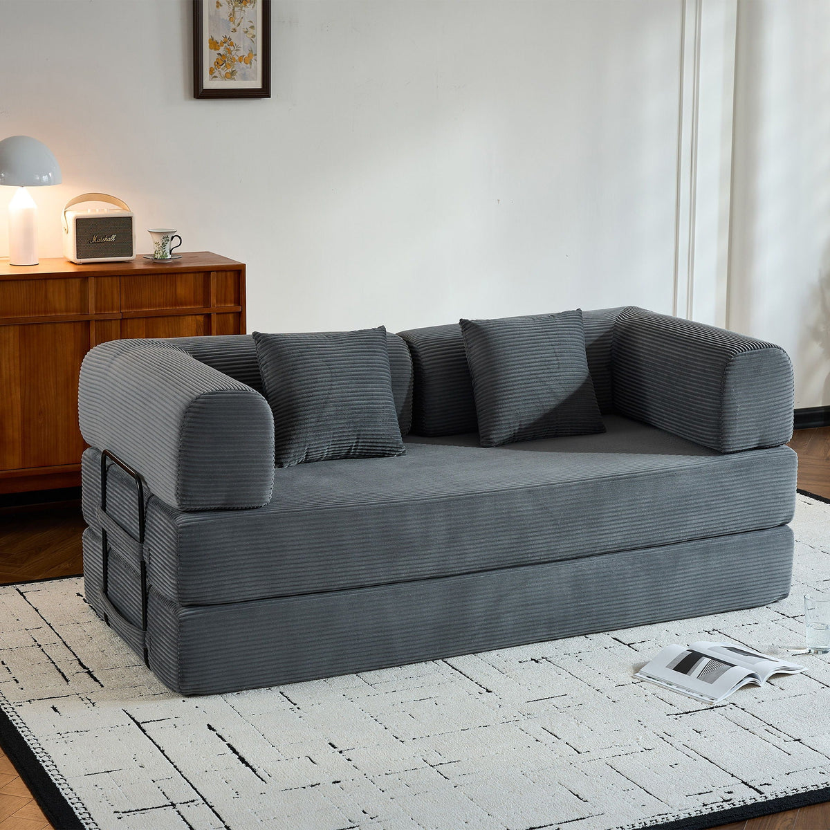 Convertible Floor Sleeper Sofa with Cylindrical Pillow