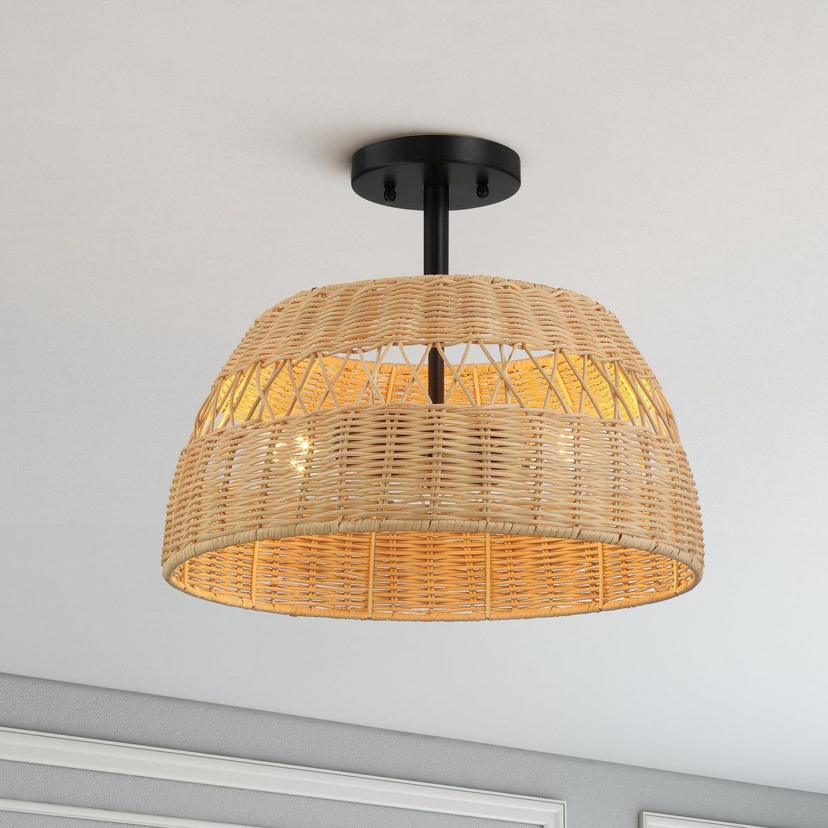Woven Rattan Semi-Flush Ceiling Light | Black