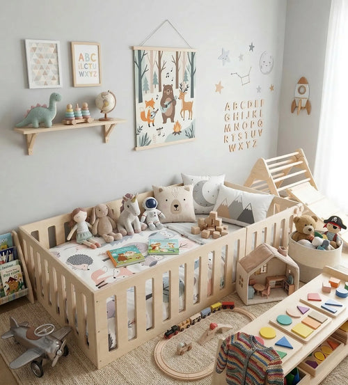 Ava Handmade Kids Wooden Floor Bed, 21-Inch Sides