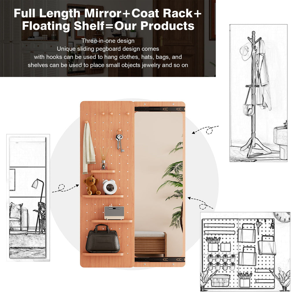 Wall-Mounted Wood Storage Mirror with Shelf & Hook