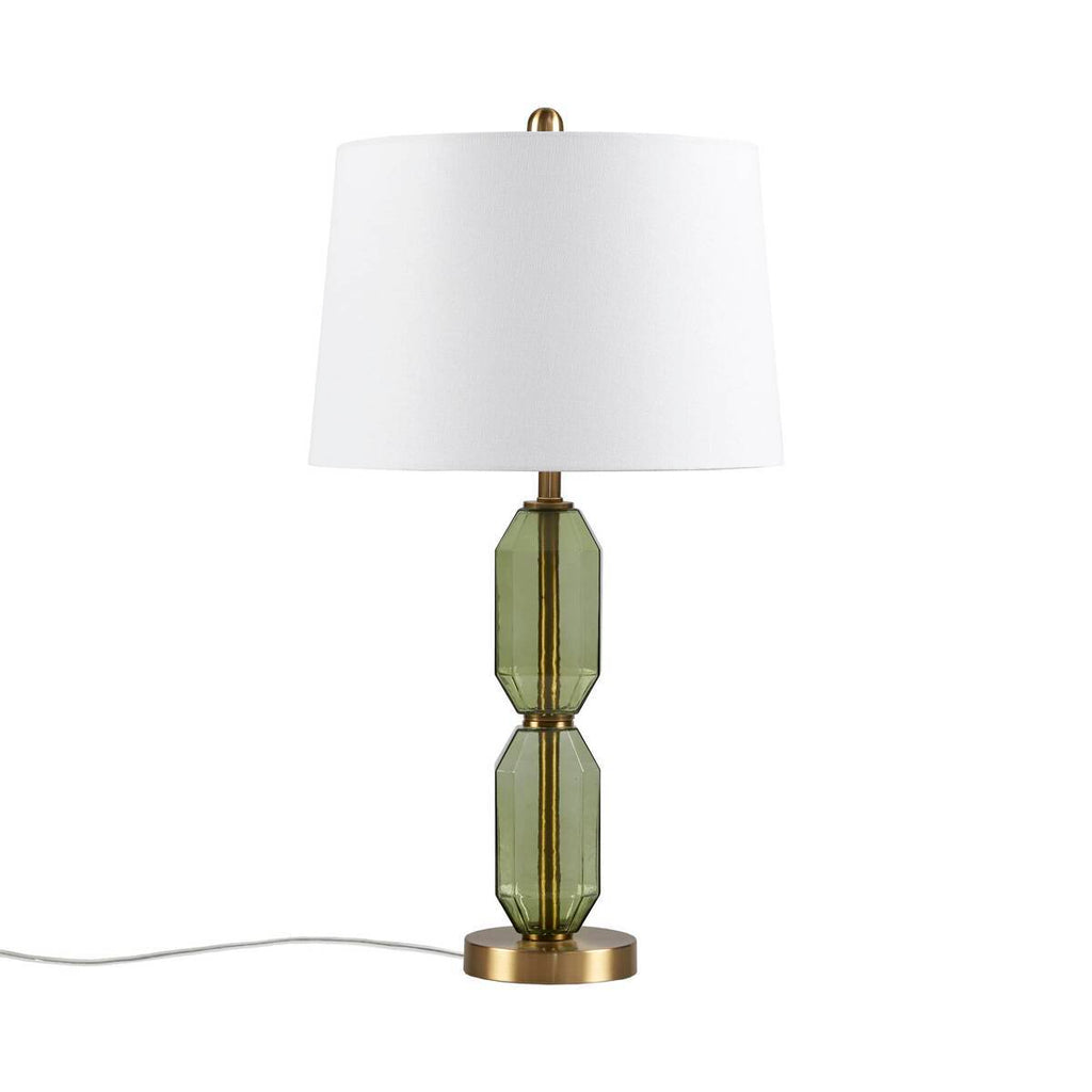 Faceted Green Glass Table Lamp with White Fabric Shade - Green