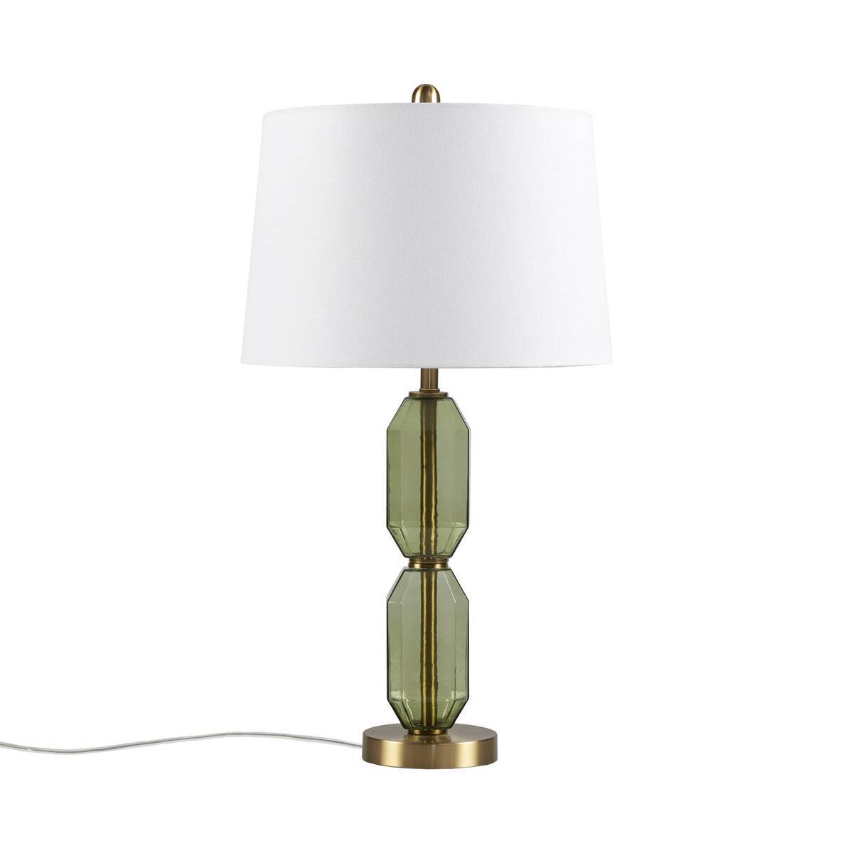 Faceted Green Glass Table Lamp with White Fabric Shade - Green