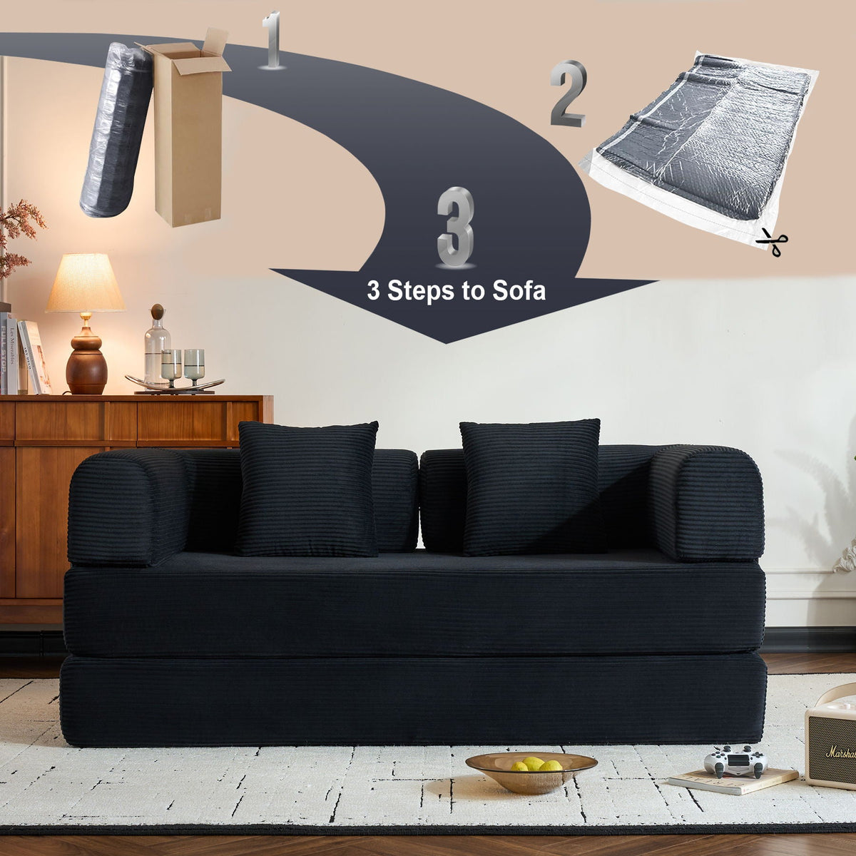 Convertible Floor Sleeper Sofa with Cylindrical Pillow