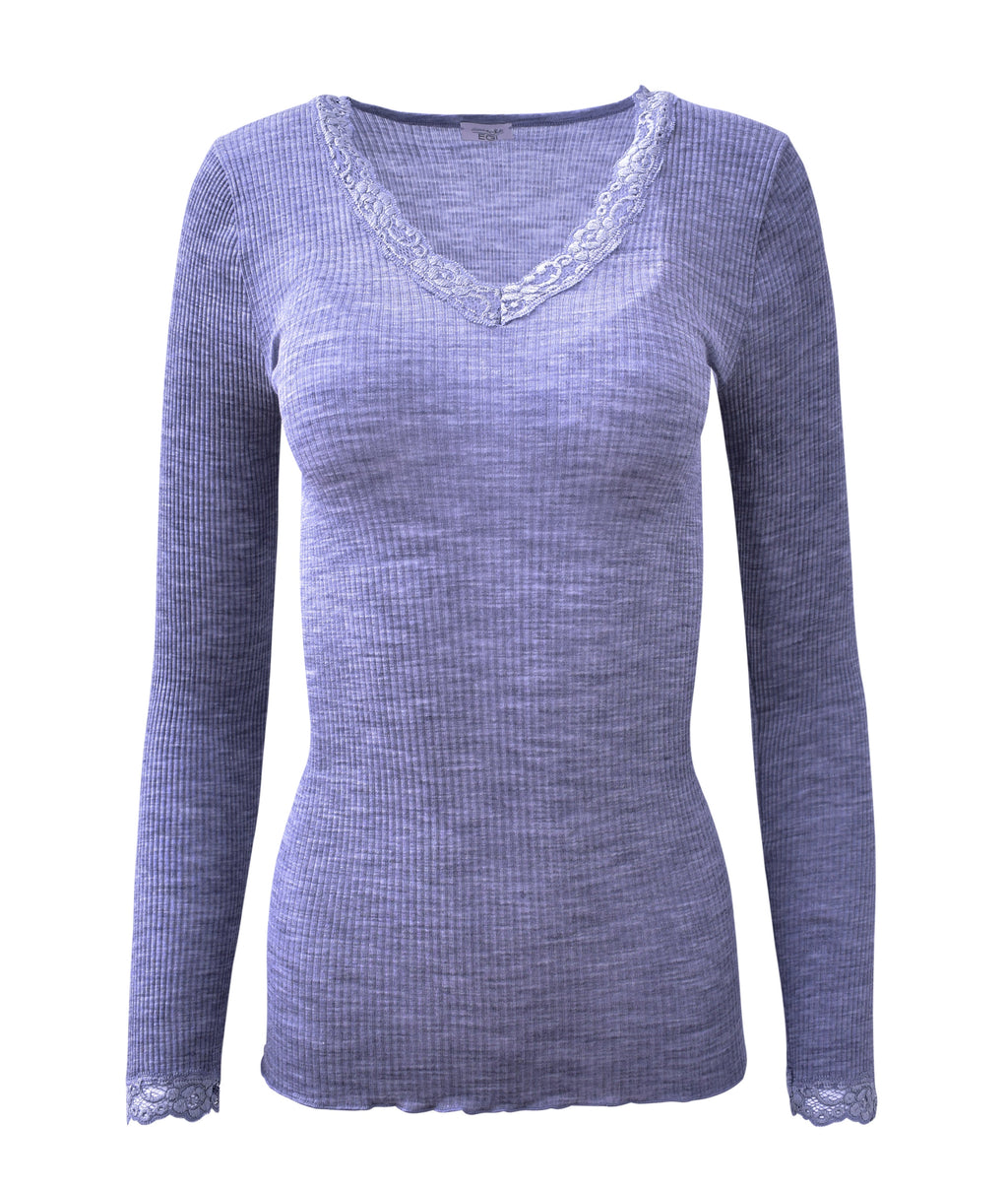 EGi Women's Wool & Silk Long Sleeve Top with Lace Trim | Made in Italy