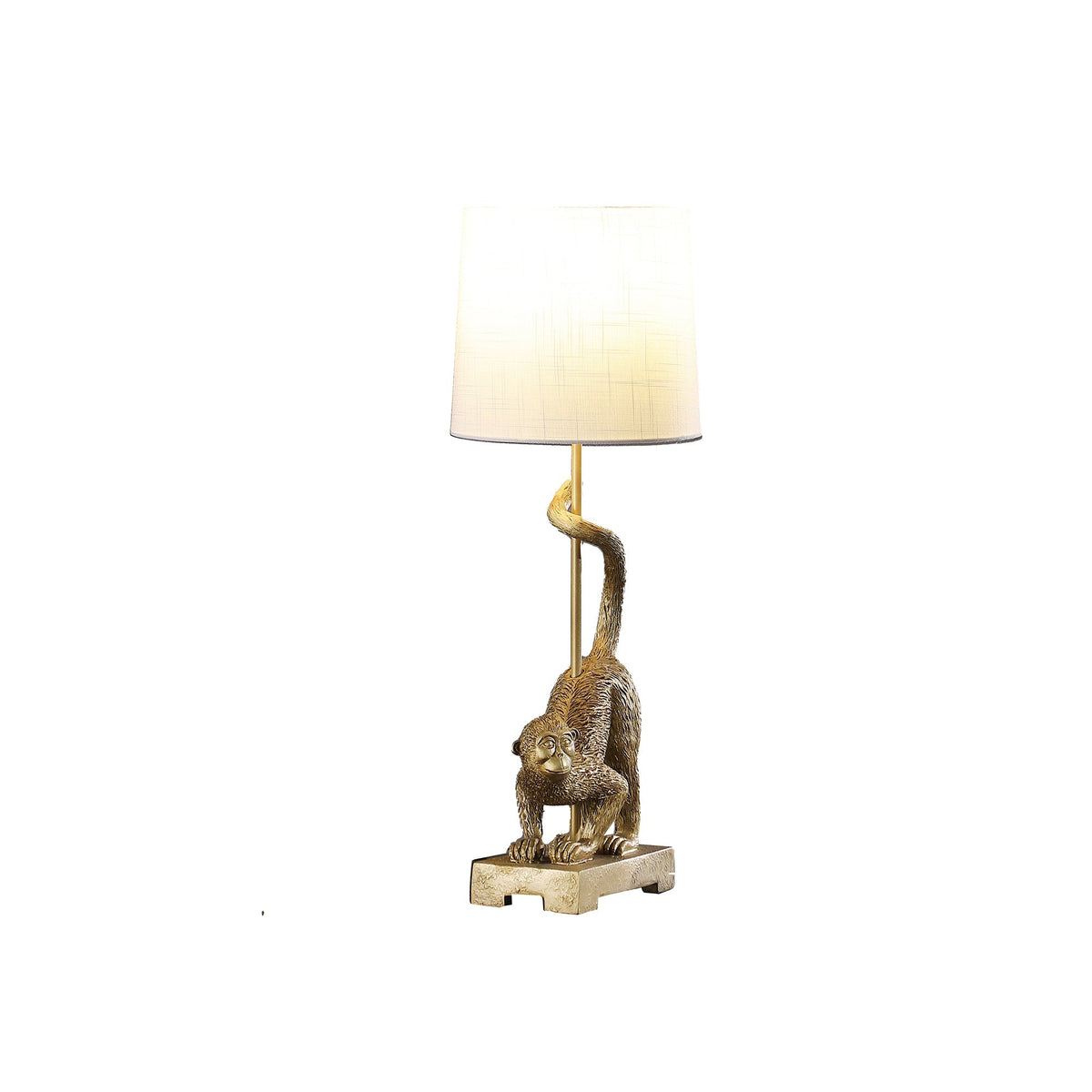 24-Inch Old World Gold Capuchin Monkey Table Lamp with Cotton/Linen Shade - Golden White