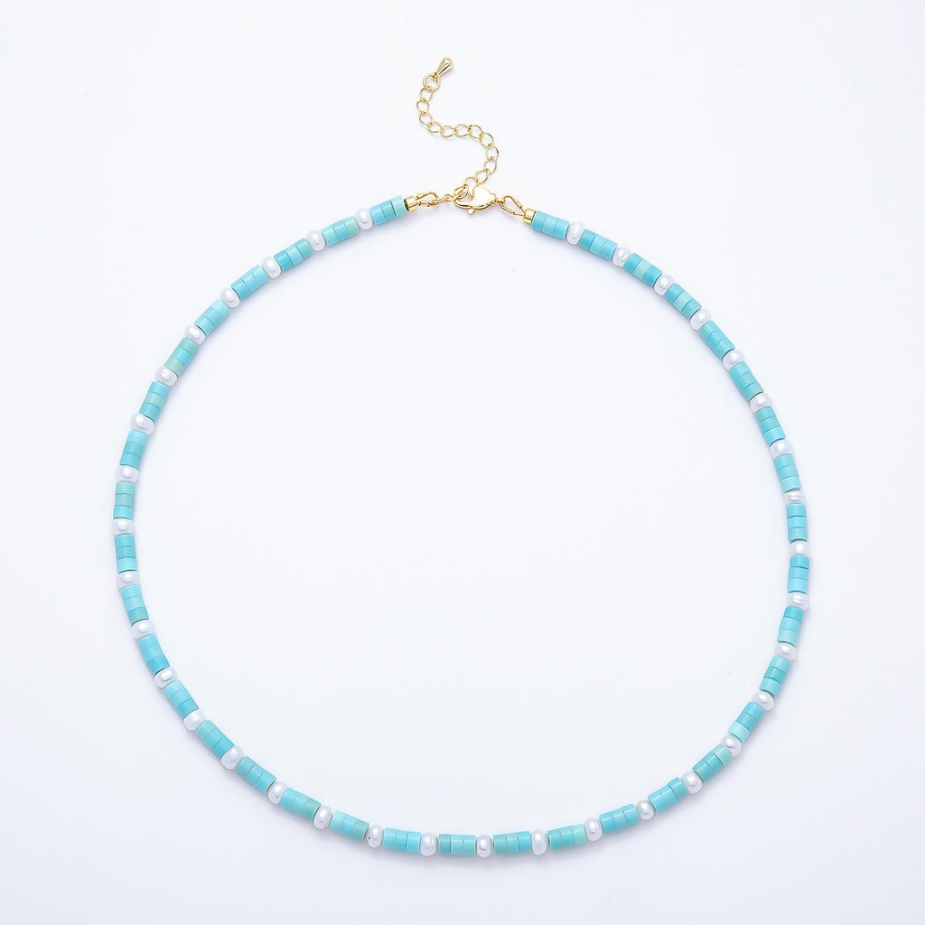 Aquamarine & Shell Pearl Beaded Necklace | Gold-Filled