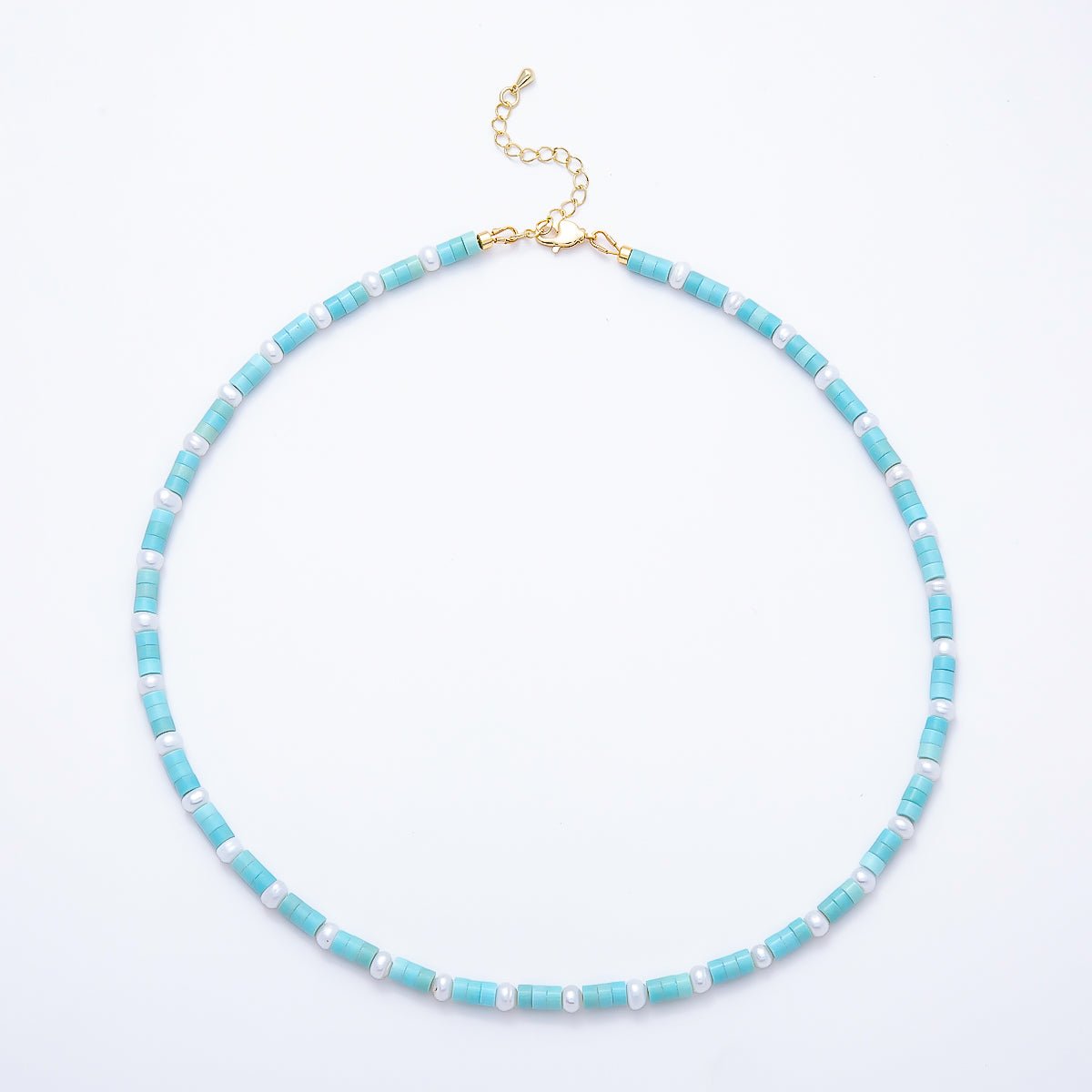 Aquamarine & Shell Pearl Beaded Necklace | Gold-Filled