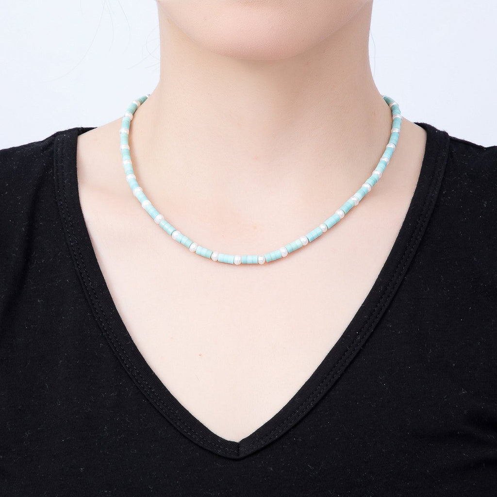 Aquamarine & Shell Pearl Beaded Necklace | Gold-Filled