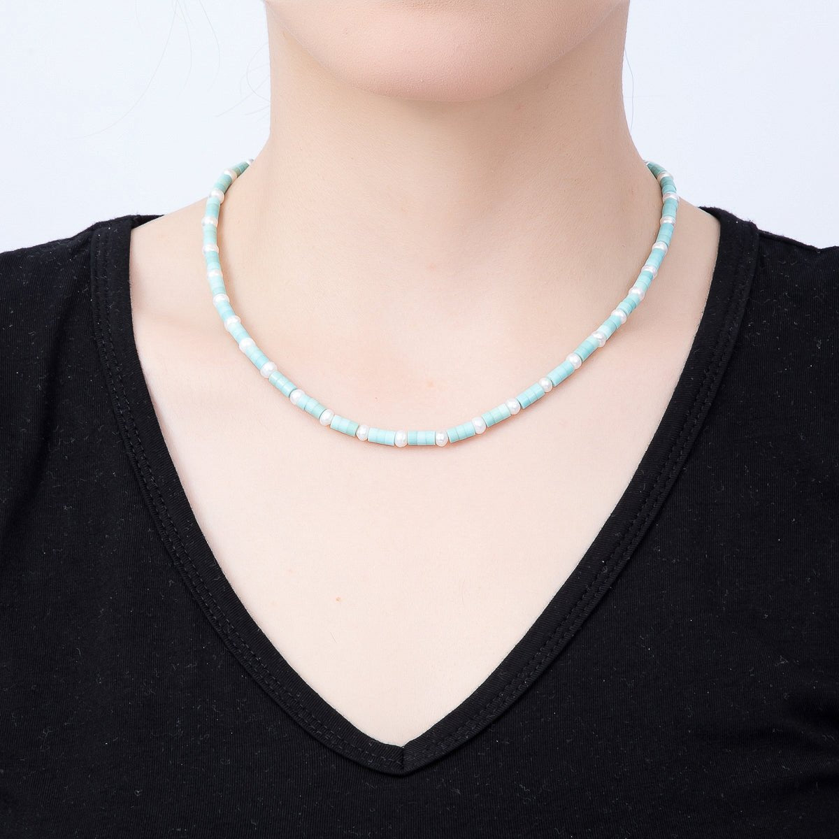 Aquamarine & Shell Pearl Beaded Necklace | Gold-Filled