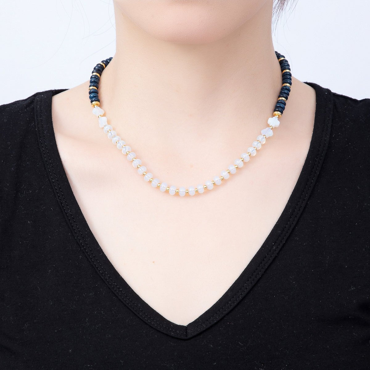 White Opal & Lapis Lazuli Gemstone Necklace | Gold-Filled