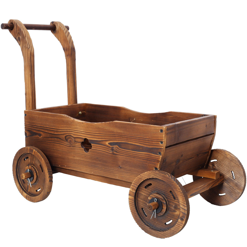 Fir Wood Wagon Planter with Wheels | Brown