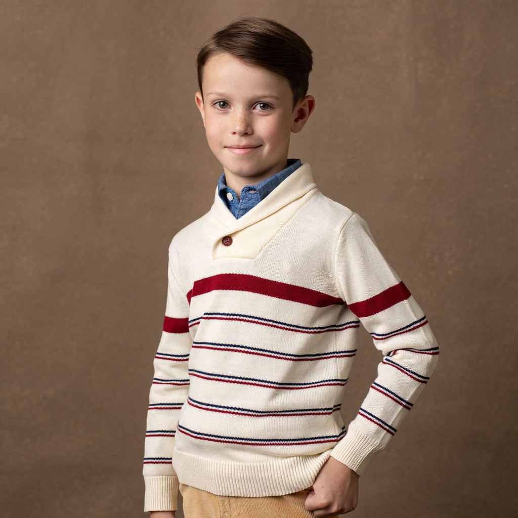 Boys’ Organic Cotton Shawl-Collar Sweater – Ivory Stripe