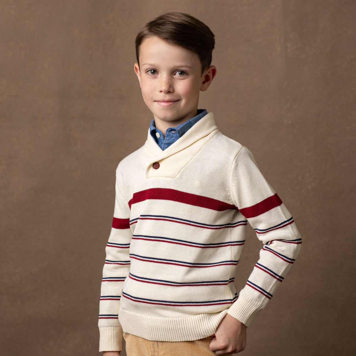 Boys’ Organic Cotton Shawl-Collar Sweater – Ivory Stripe