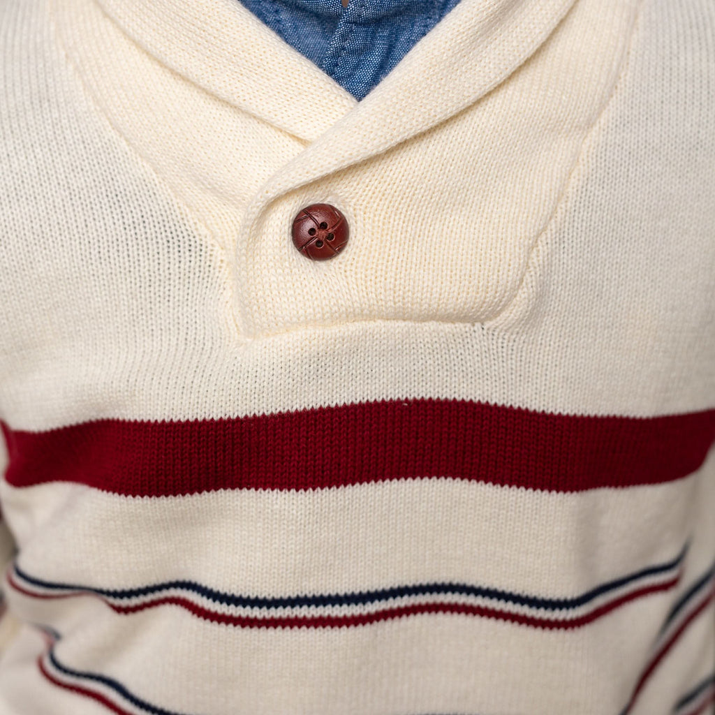 Boys’ Organic Cotton Shawl-Collar Sweater – Ivory Stripe