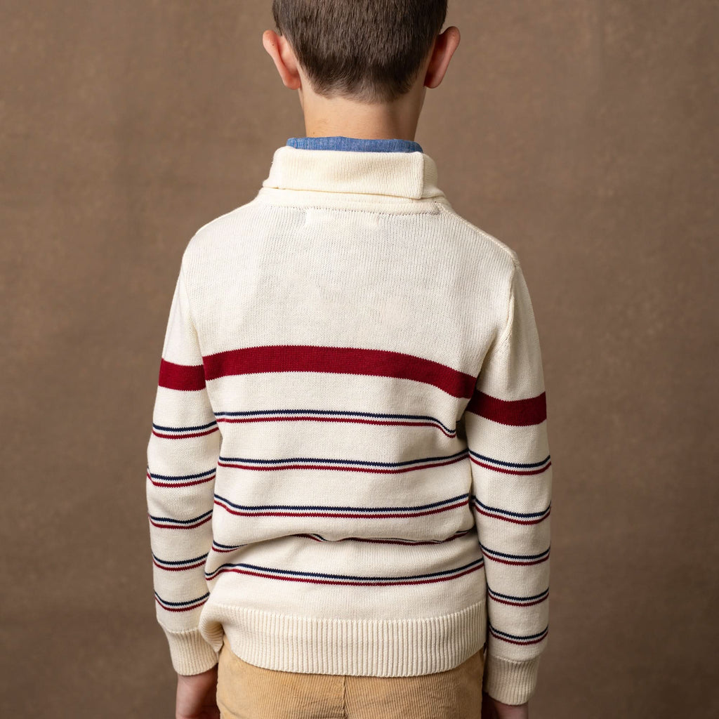 Boys’ Organic Cotton Shawl-Collar Sweater – Ivory Stripe
