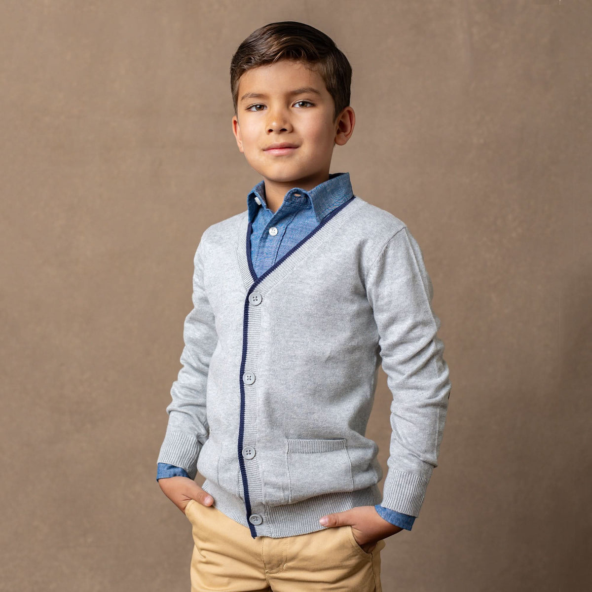Boys’ Organic Cotton Elbow-Patch Cardigan – Gray & Navy