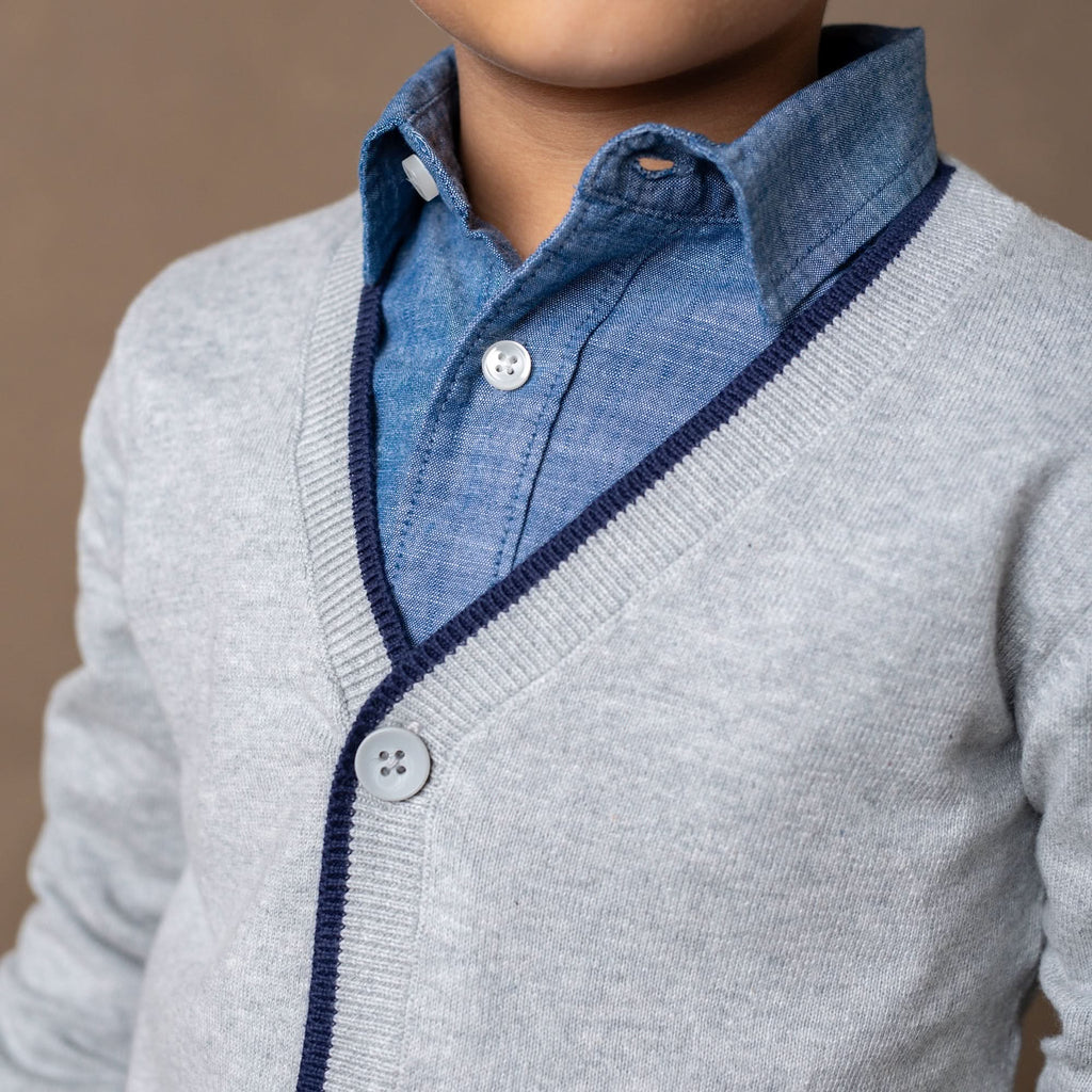 Boys’ Organic Cotton Elbow-Patch Cardigan – Gray & Navy