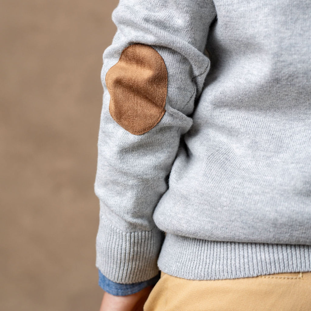 Boys’ Organic Cotton Elbow-Patch Cardigan – Gray & Navy
