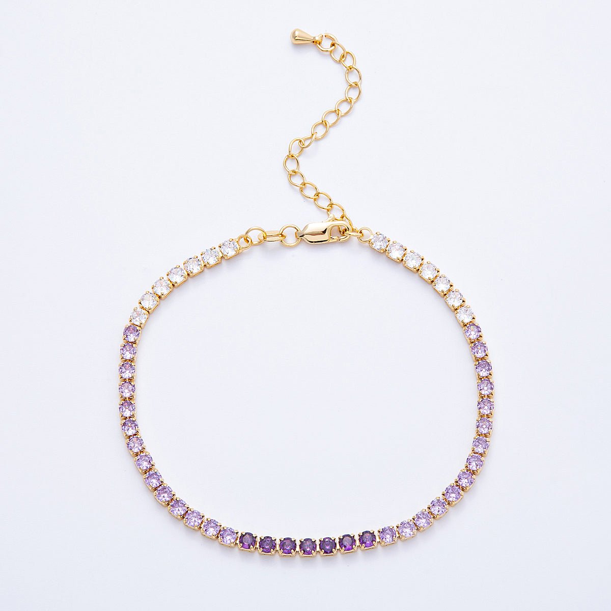 18K Gold Filled 3mm Purple, Green, Pink, Blue CZ Gradient Tennis Chain 7.87 Inch Bracelet w. Extender | WA-04222