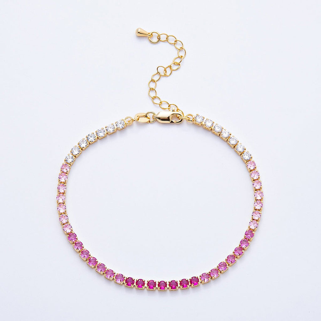 18K Gold Filled 3mm Purple, Green, Pink, Blue CZ Gradient Tennis Chain 7.87 Inch Bracelet w. Extender | WA-04222