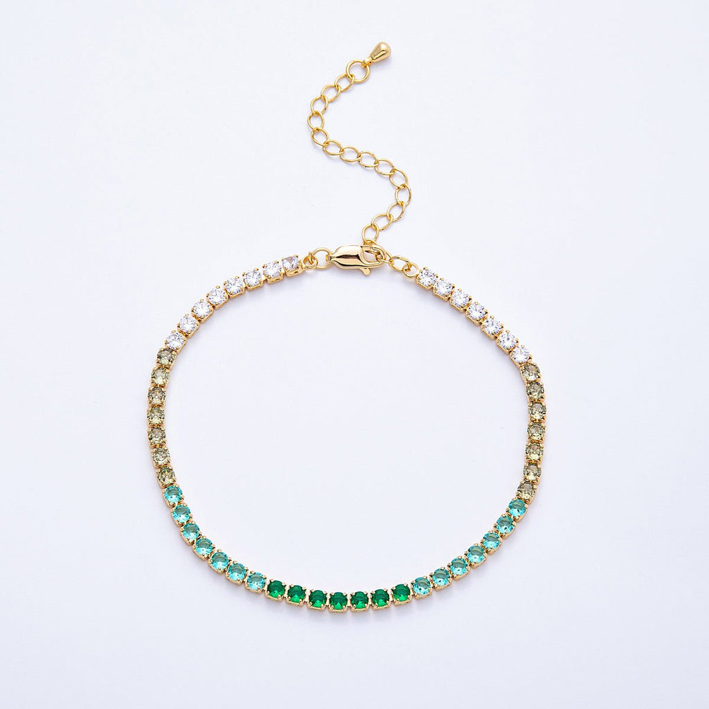 18K Gold Filled 3mm Purple, Green, Pink, Blue CZ Gradient Tennis Chain 7.87 Inch Bracelet w. Extender | WA-04222