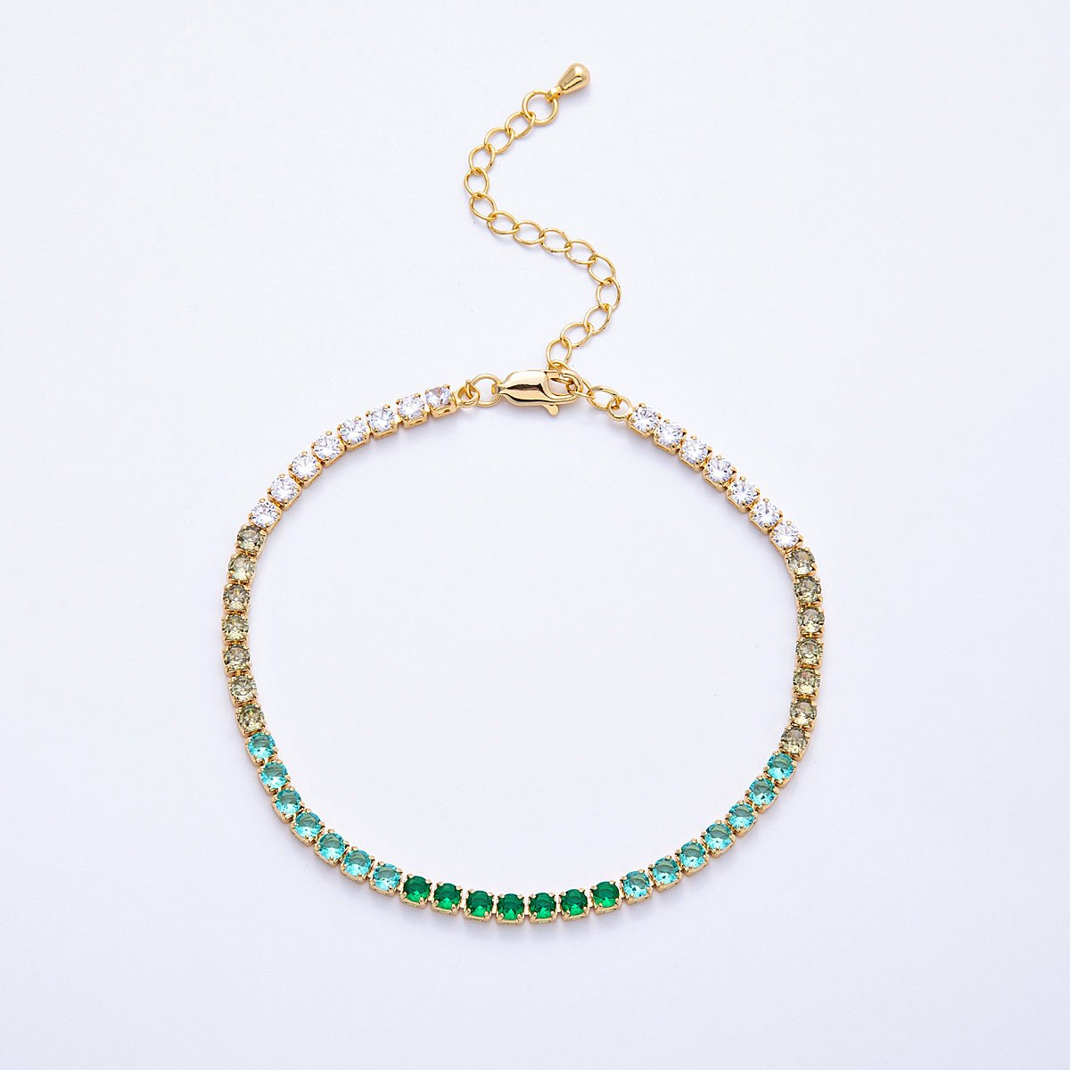 18K Gold Filled 3mm Purple, Green, Pink, Blue CZ Gradient Tennis Chain 7.87 Inch Bracelet w. Extender | WA-04222