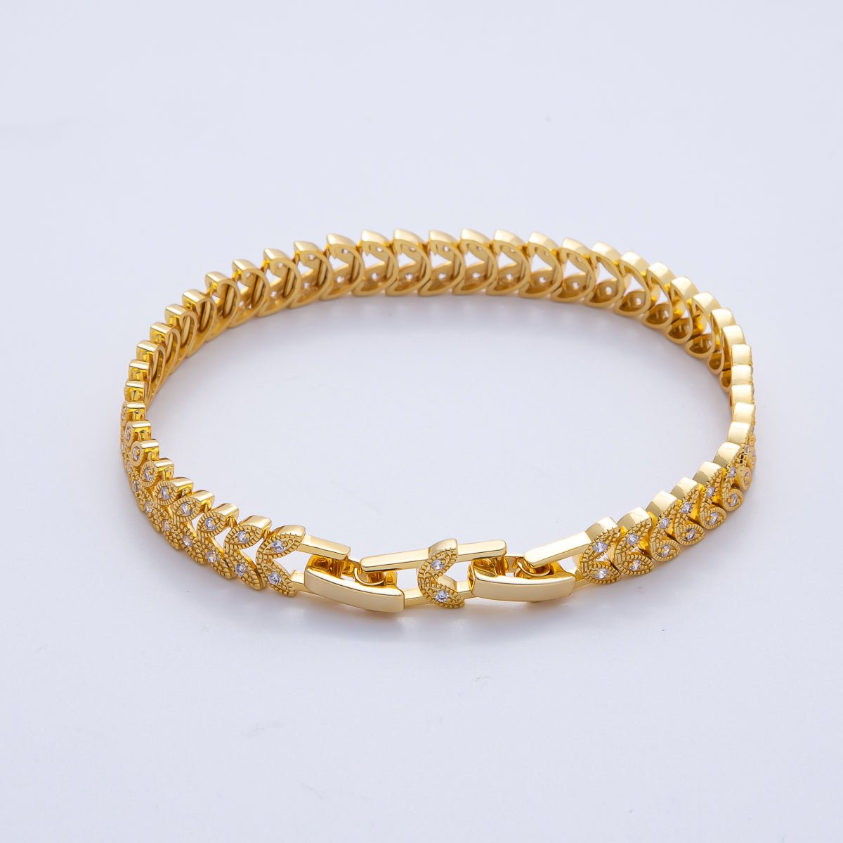 18K Gold Filled Micro Paved CZ Feather Heart Adjustable 7 Inch Chain Bracelet | WA-3888