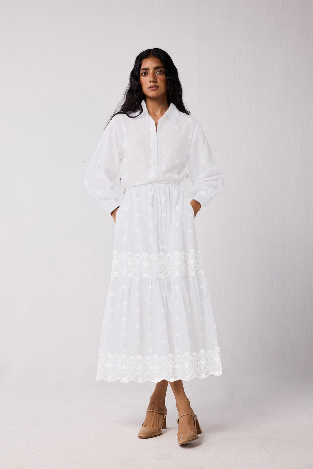 Embroidered Flowy Maxi Tiered Dress in White