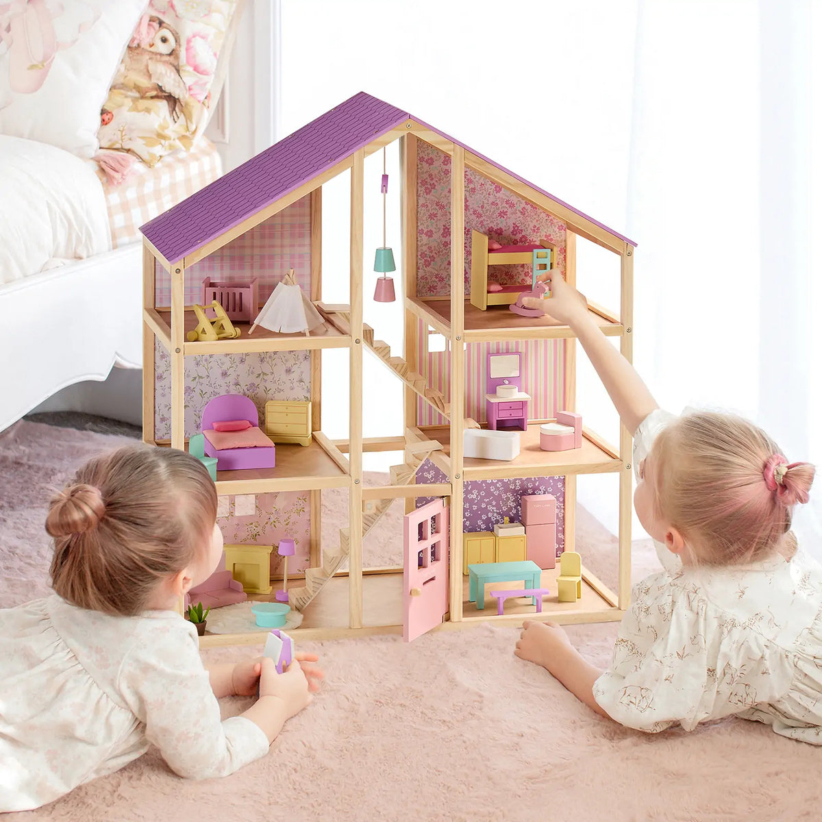 Tiny Land® Sweetwood Wooden Dollhouse with 30 Furniture Pieces