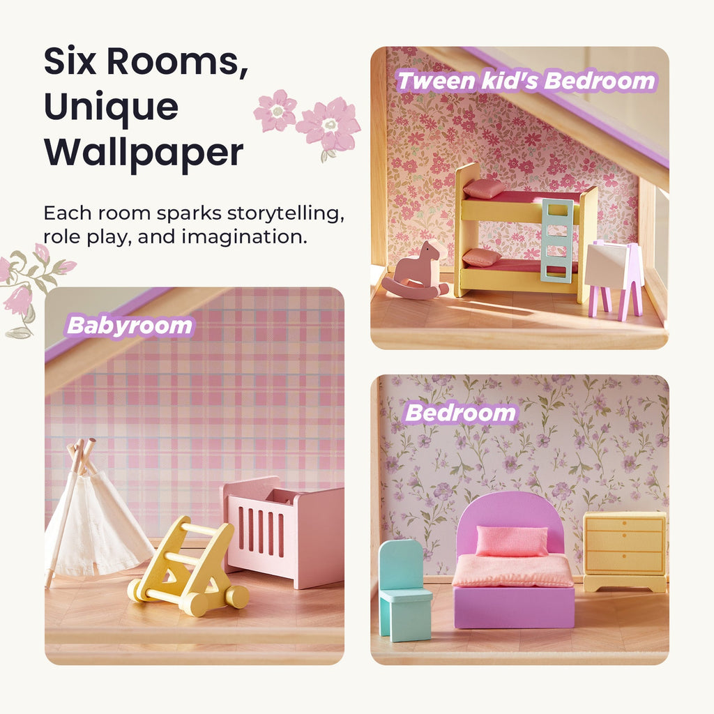 Tiny Land® Sweetwood Wooden Dollhouse with 30 Furniture Pieces