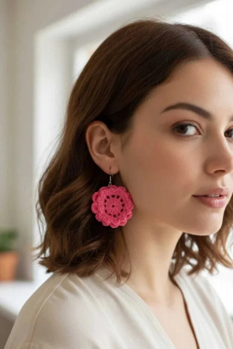 Women’s Handmade Pink Crochet Flower Earrings – Boho Floral Drop Design