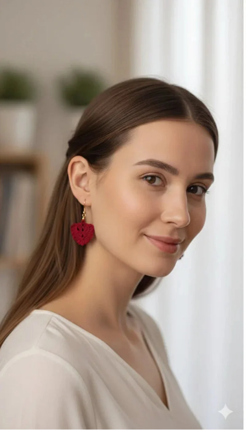 Women’s Handmade Red Crochet Earrings – Boho Thread Drop Design